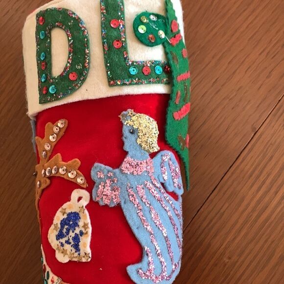 Vtg 60s large red felt hand decorated Christmas stocking - Picture 7 of 14